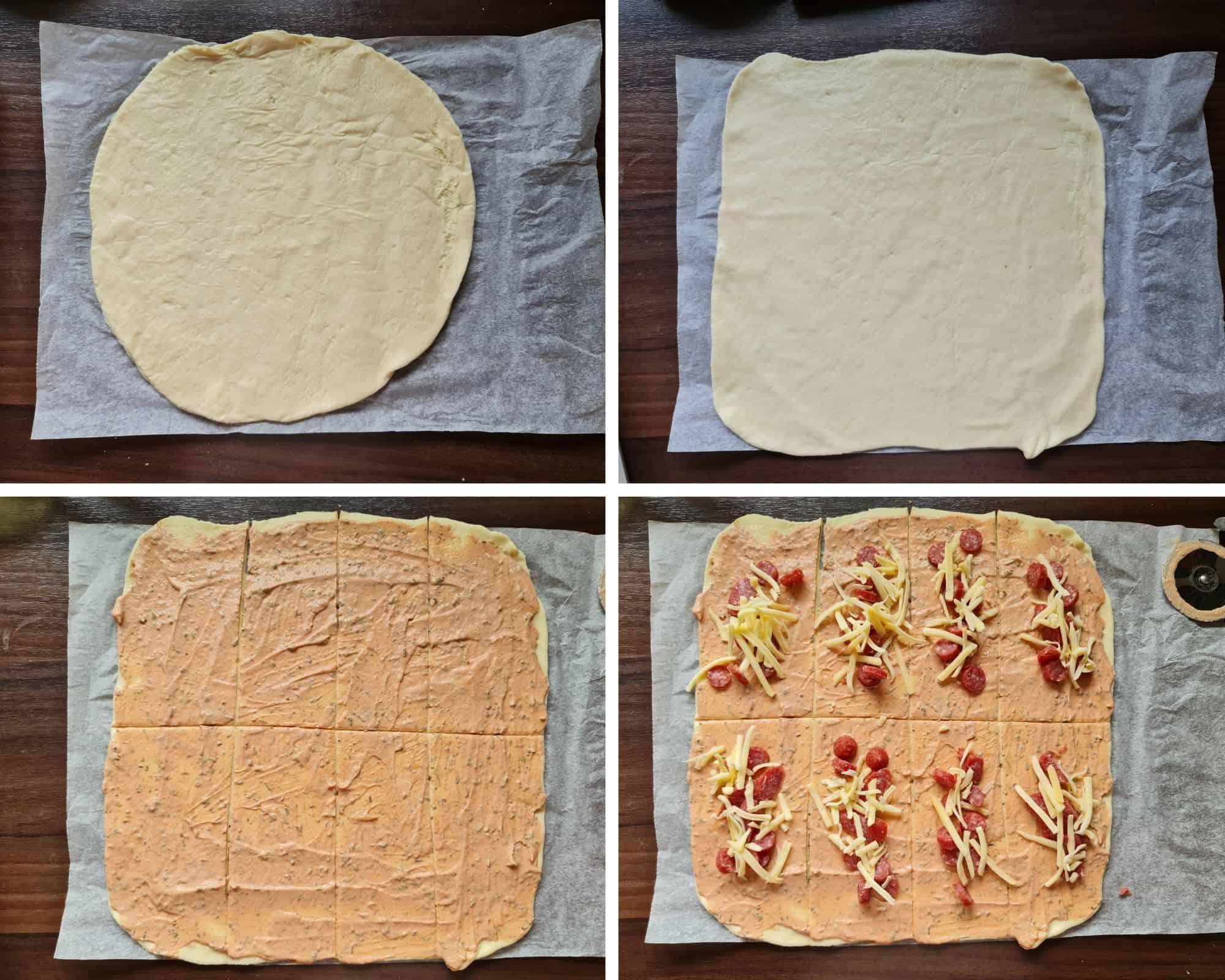 Pizzaschnecken- Zubereitungsfoto mit einzelnen Arbeitsschritten