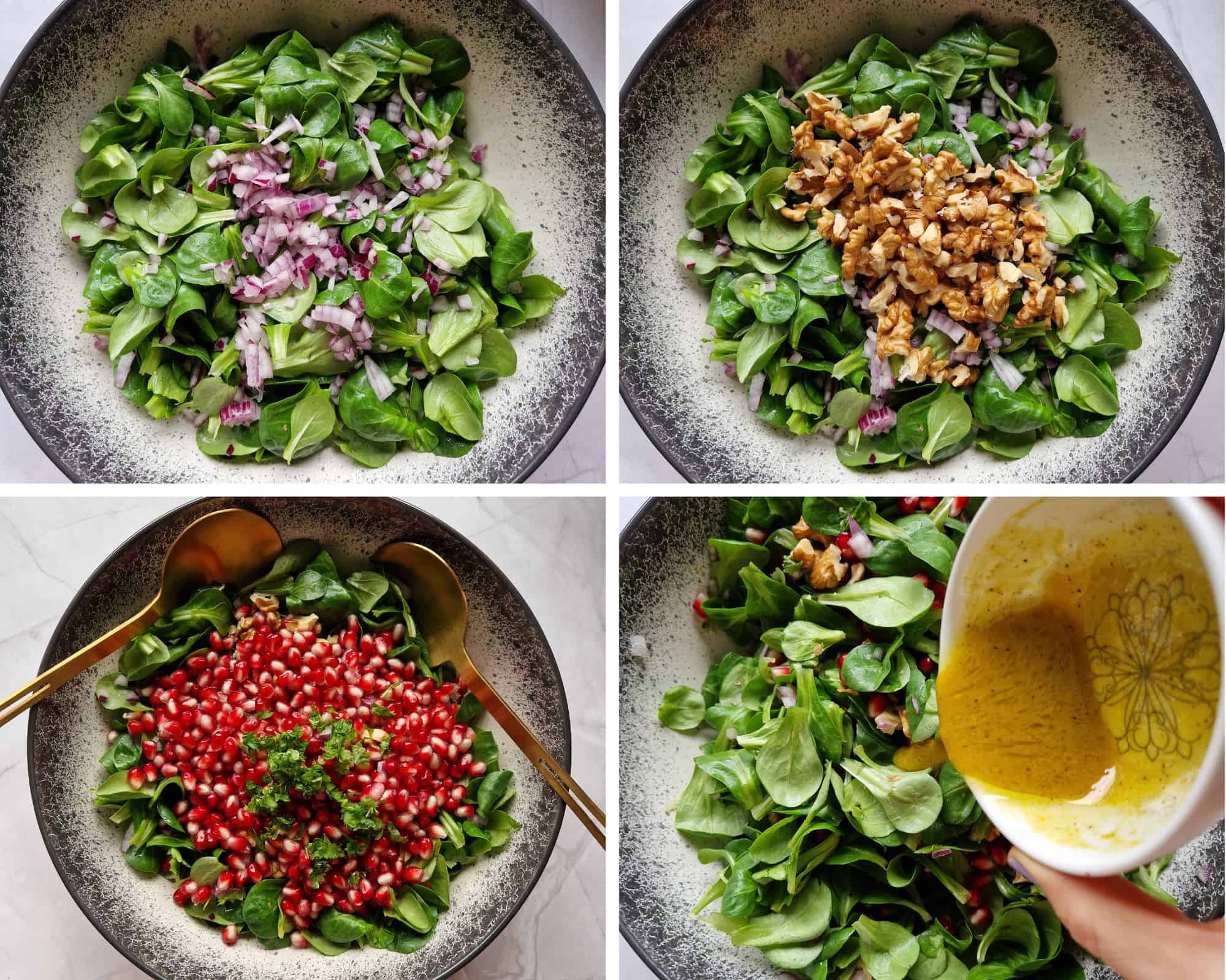 Zubereitungsschritte: Granatapfel-Salat mit Feldsalat, Walnüssen und Feta 3/3