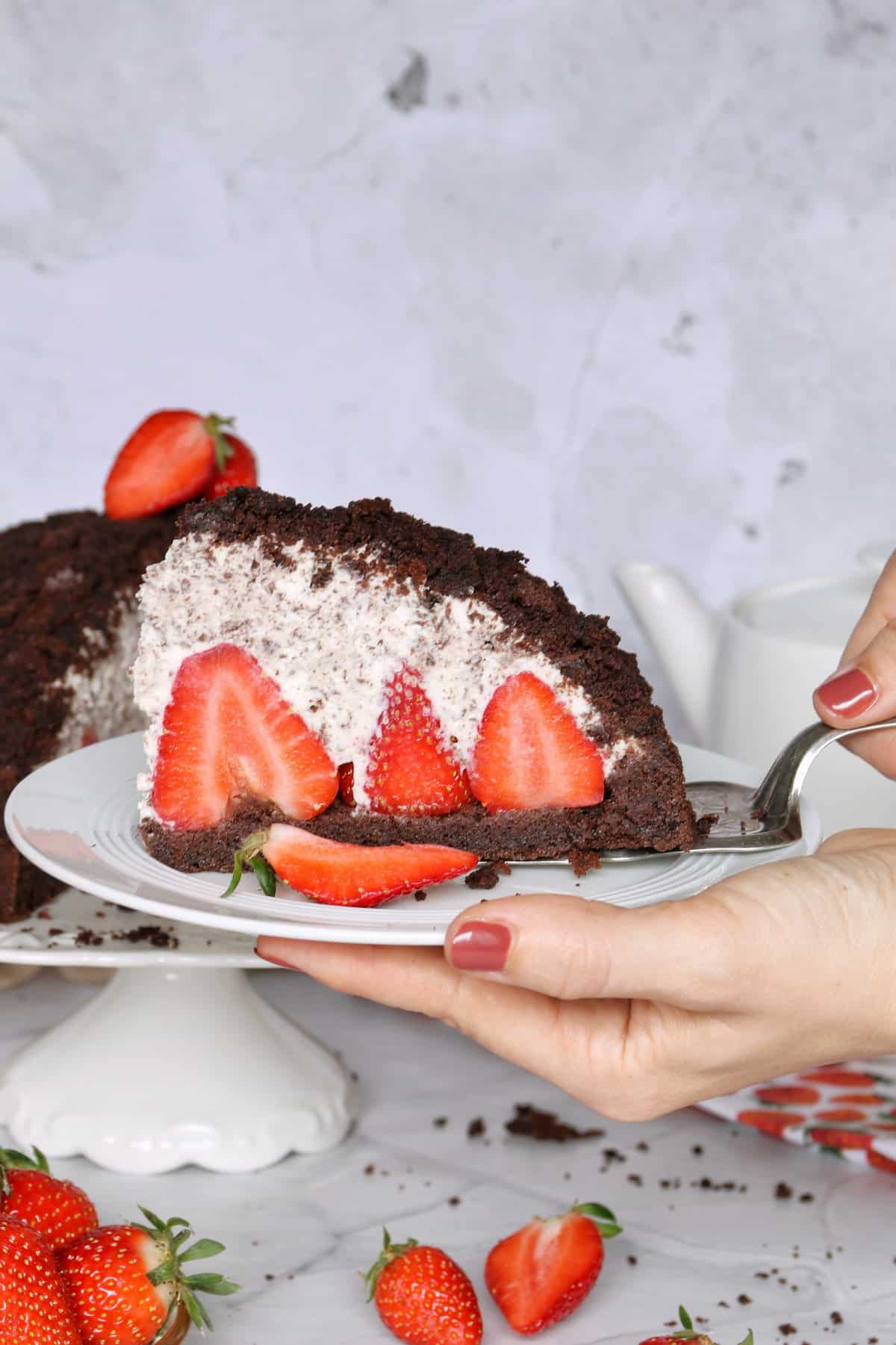 Maulwurfkuchen mit Erdbeeren, Tortenstück auf einem weißen Teller.