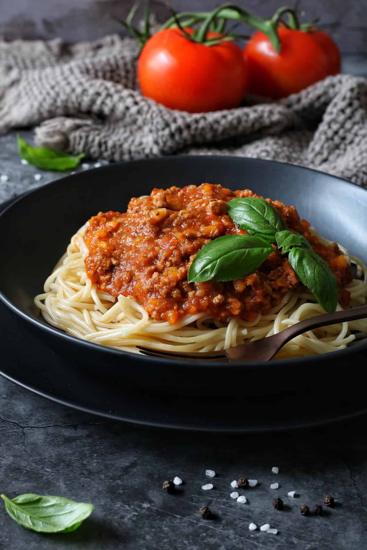 Spaghetti Bolognese aus dem Thermomix® in einem tiefen Teller, mit Basilikum garniert. Im Vordergrund liegen Salz und Pfefferkörner auf dunkelgrauem Untergrund.