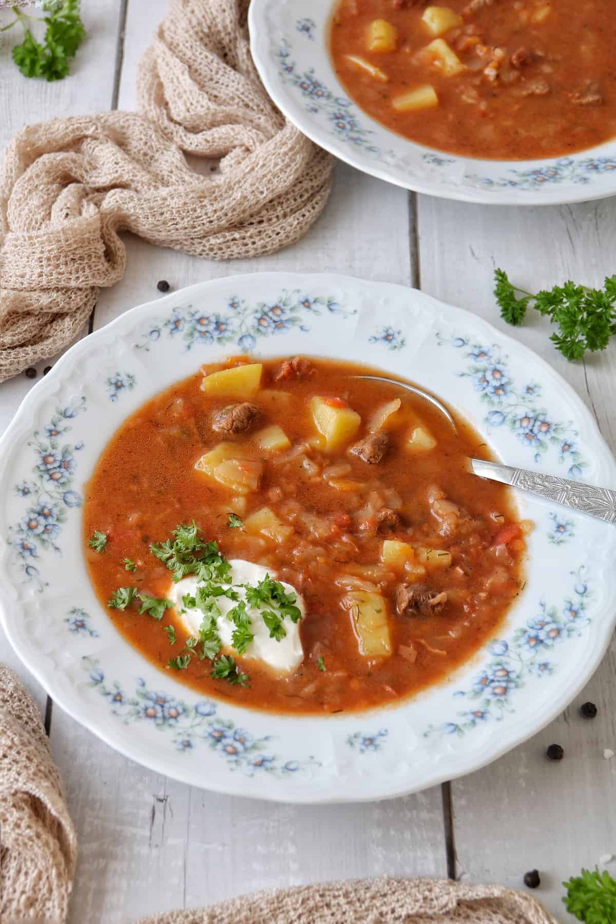 Borschtsch mit Rindfleisch in einer weißen Suppenschüssel mit Blümchen, mit Schmand und Petersilie garniert. Im Hintergrund steht ein zweiter Teller Suppe.
