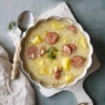 Sommerborsch / Eierflockensuppe mit Kartoffeln und Cabanossi