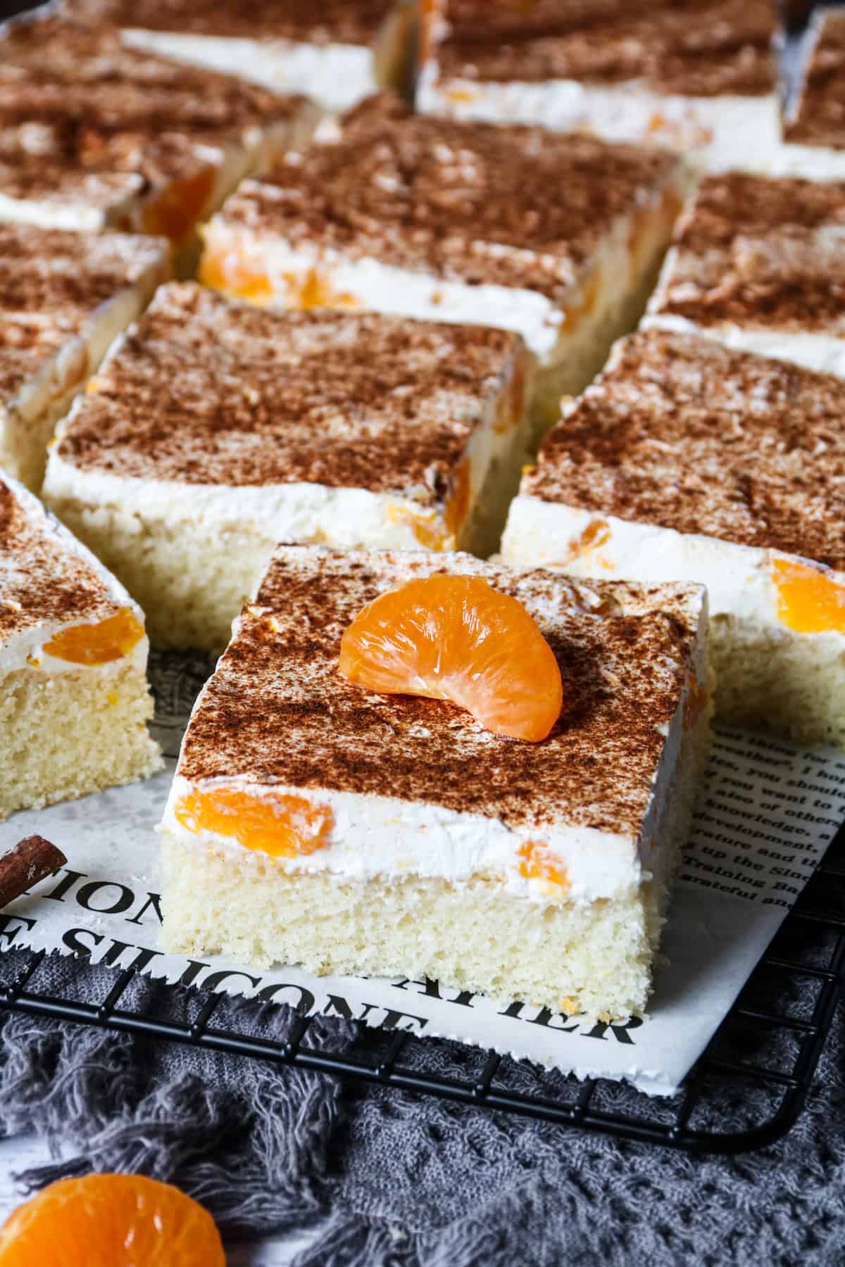 Fantakuchen auf dem Blech, in Stücke geschnitten, von der Seite fotografiert