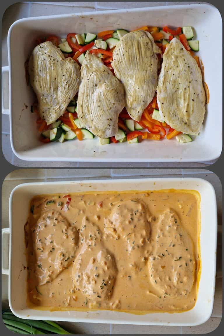 Hähnchenbrust in Frischkäsesoße mit Paprika und Zucchini aus dem Ofen ...