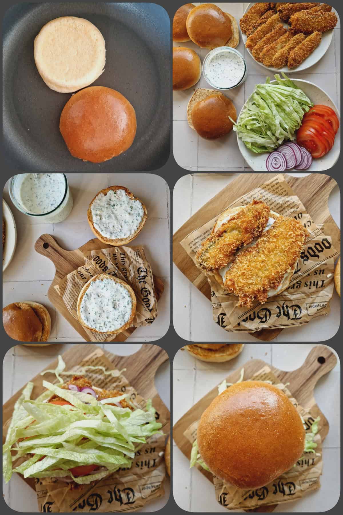 Zubereitungsschritte 4/4: Vegetarischer Gewürzgurken-Burger mit Ranch-Dressing und knuspriger Panade (hier zu sehen: Burger zusammenbauen: Buns mit Dressing, Tomaten, Zwiebeln, Eisbergsalat und panierten/frittierten Gewürzgurken belegen)