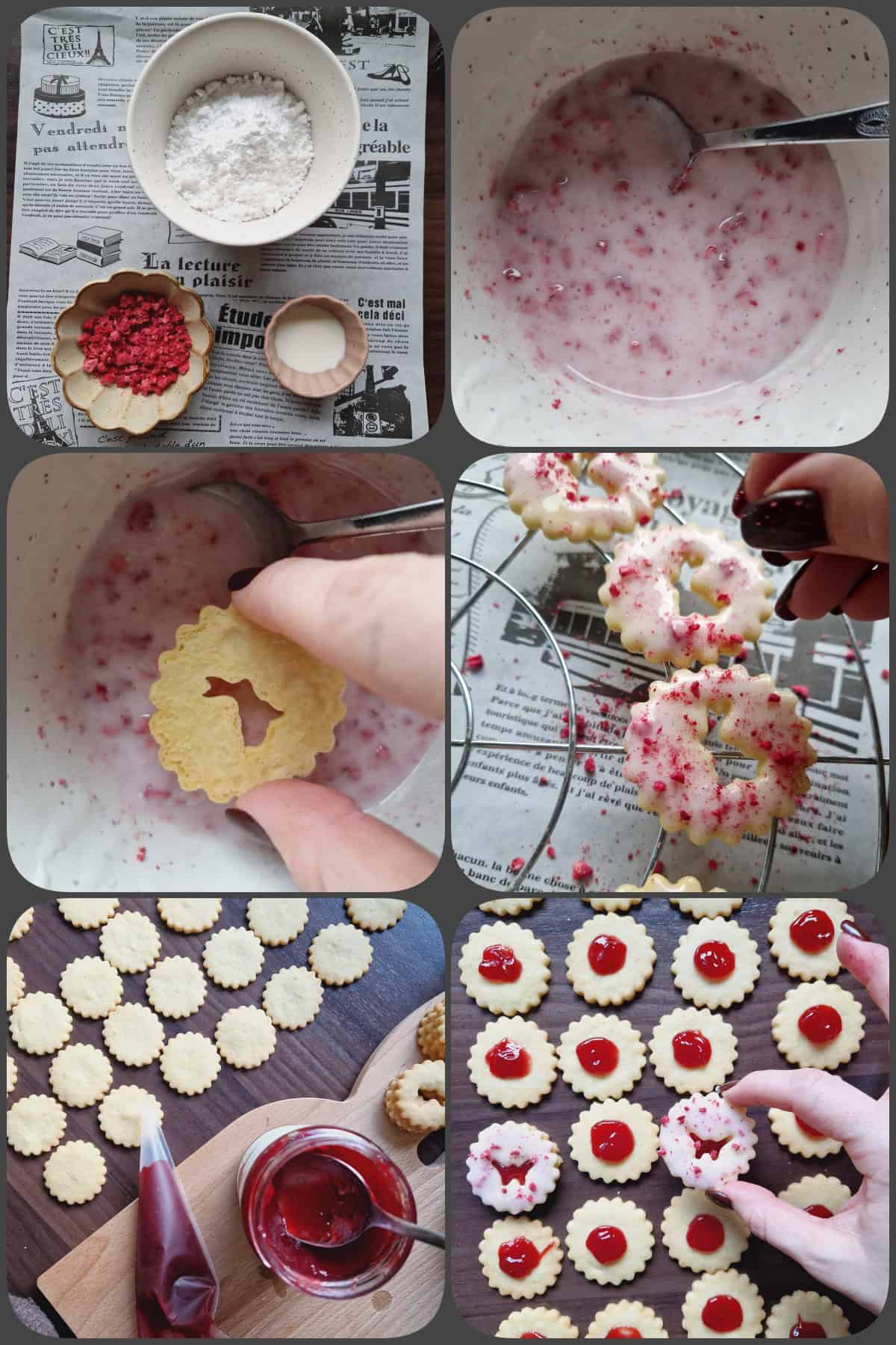 Besondere Osterkekse (Himbeer-Linzer-Cookies mit Zitrone) dekorieren. Kekse in eine Puderzuckerglasur mit gefriergetrockneten Himbeeren tauchen, füllen und zusammensetzen. Zubereitungsschritte 4/4