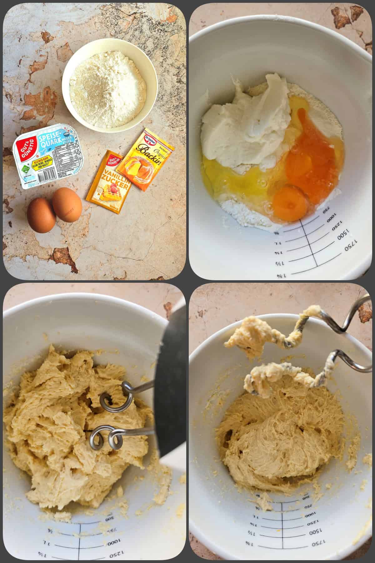 Zubereitungsschritte Quarkbällchen aus der Heißluftfritteuse 1/2 (Konkret: Den Teig mit einem Mixer zubereiten.)