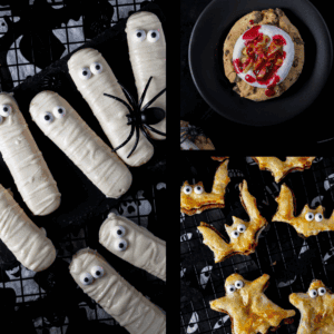 3 super schnelle Halloween Fingerfood Rezepte. Von blutigen Gehirn-Cookies über süße Löffelbiskuit-Mumien bis hin zu Fledermäusen und Gespenstern in Form von Blätterteigtaschen mit Nutella.