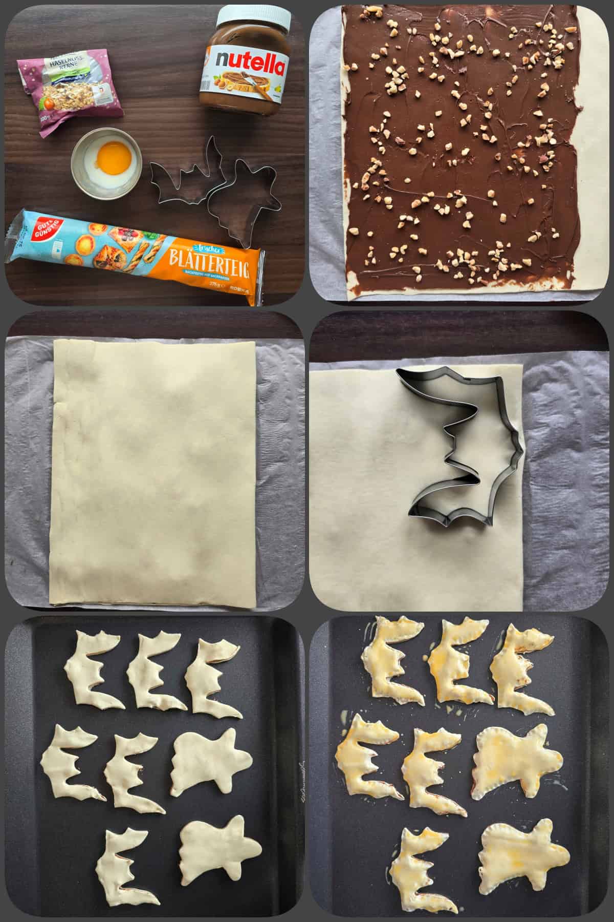 Zubereitungsschritte: Spooky Fledermäuse und Gespenser aus Blätterteig (einfache und schnelle Ideen für Fingerfood und Snacks zu Halloween für Kinder)