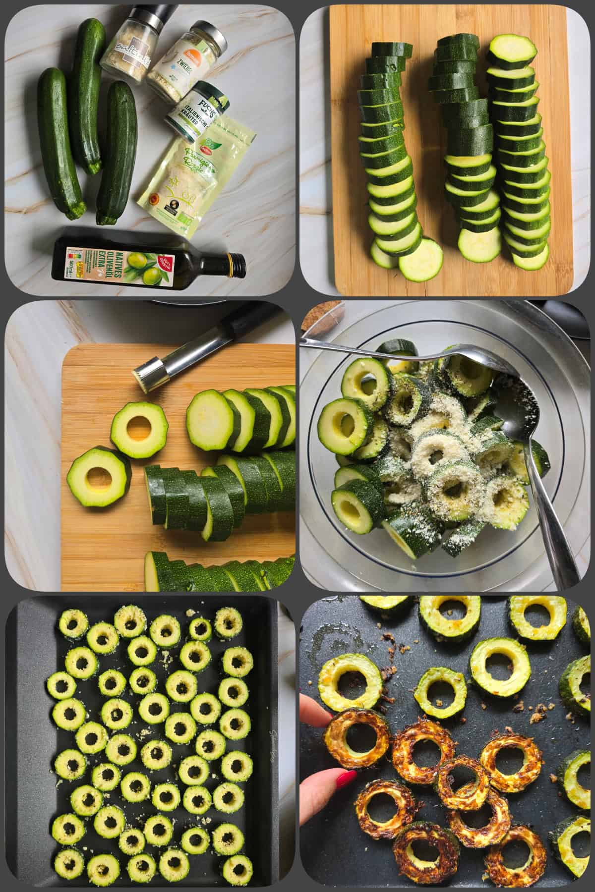 Zubereitungsschritte Zucchini aus dem Ofen in Scheiben 1/2
Die Abbildung zeigt den Zubereitungsschritt, bei dem die Zucchini in etwa 1,5 cm dicke Scheiben geschnitten werden, von denen die Mitte mit einem Apfelausstecher entfernt wird, sodass Ringe entstehen. Im Vordergrund sind die Zucchini-Ringe und die herausgelösten Zucchini-Mitten zu sehen.