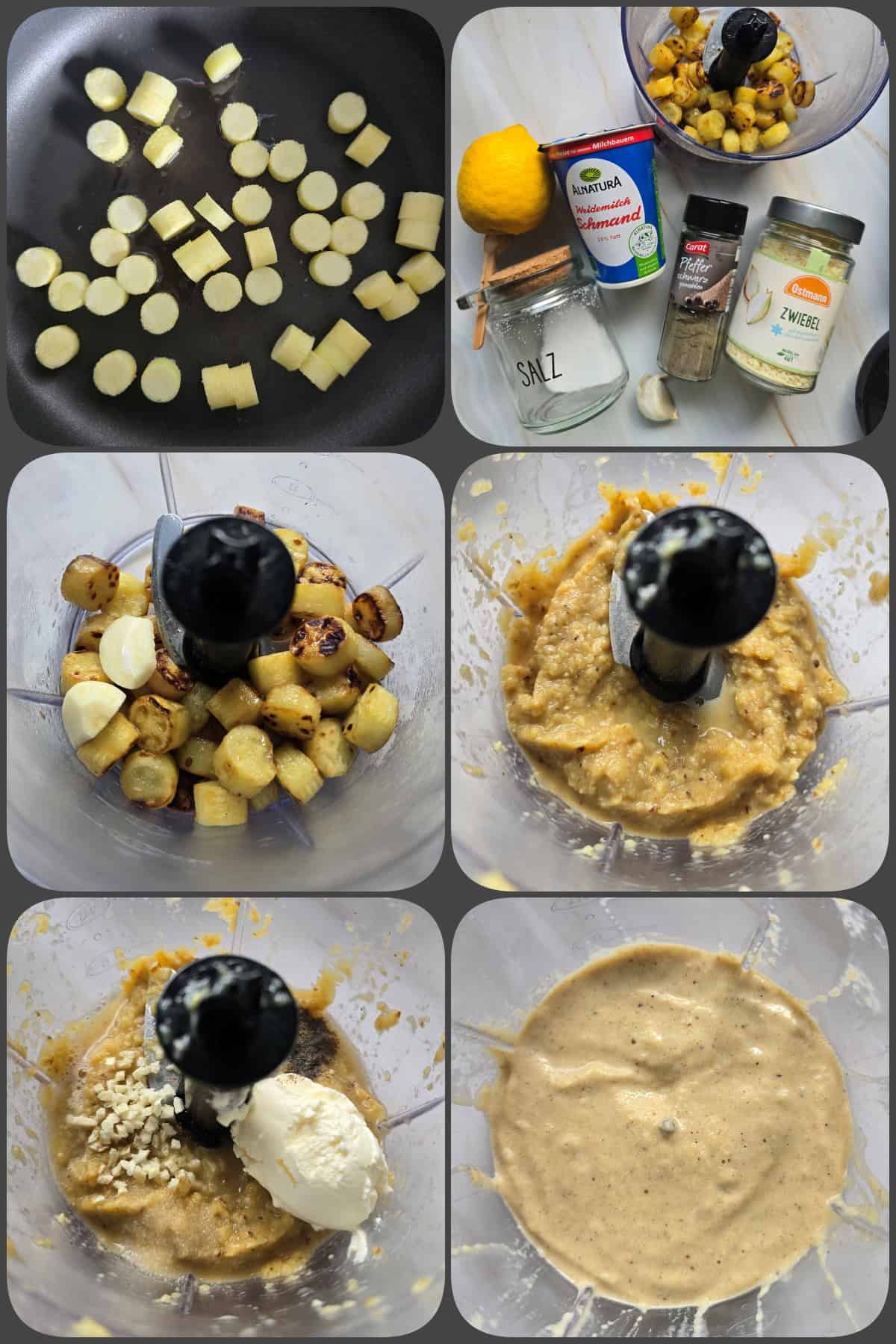 Zubereitungsschritte Zucchini aus dem Ofen in Scheiben 2/2
Das Bild zeigt eine Collage von sechs Zubereitungsschritten für einen Dip aus den Zucchini-Mitten.