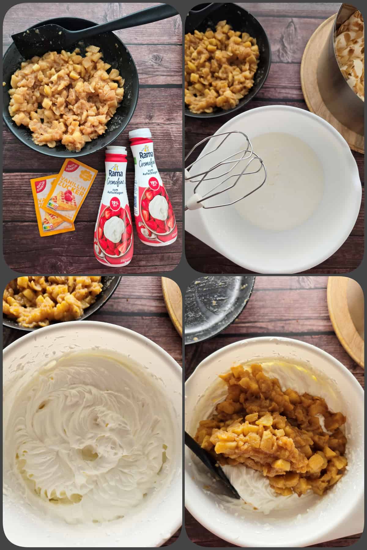 Zubereitungsschritte 4/5 für die Bratapfel-Torte mit Baiser (Himmelstorte).
Hier: Creme für die Bratapfel-Füllung zusammenrühren.