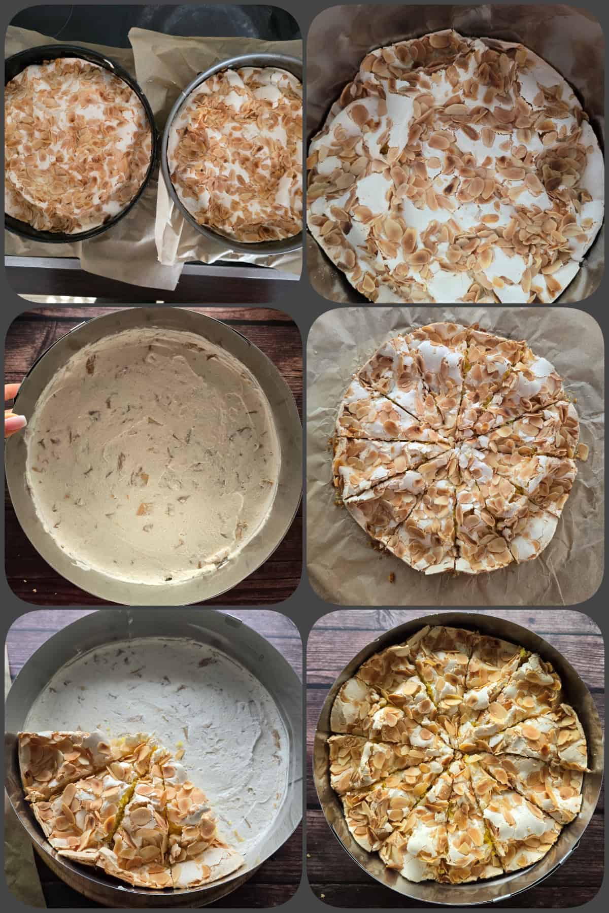 Zubereitungsschritte 5/5 für die Bratapfel-Torte mit Baiser (Himmelstorte).
Hier: Zusammensetzen der einzelnen Schichten in einem Tortenring.