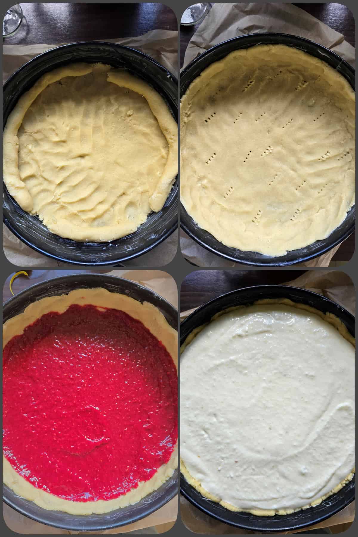Zubereitungsschritte Käsekuchen mit Himbeerboden 4/4
Hier: Der Mürbeteig wird in die Form gedrückt, das Himbeerpüree auf den Boden gegossen und die Cheesecakefüllung vorsichtig darauf verteilt.