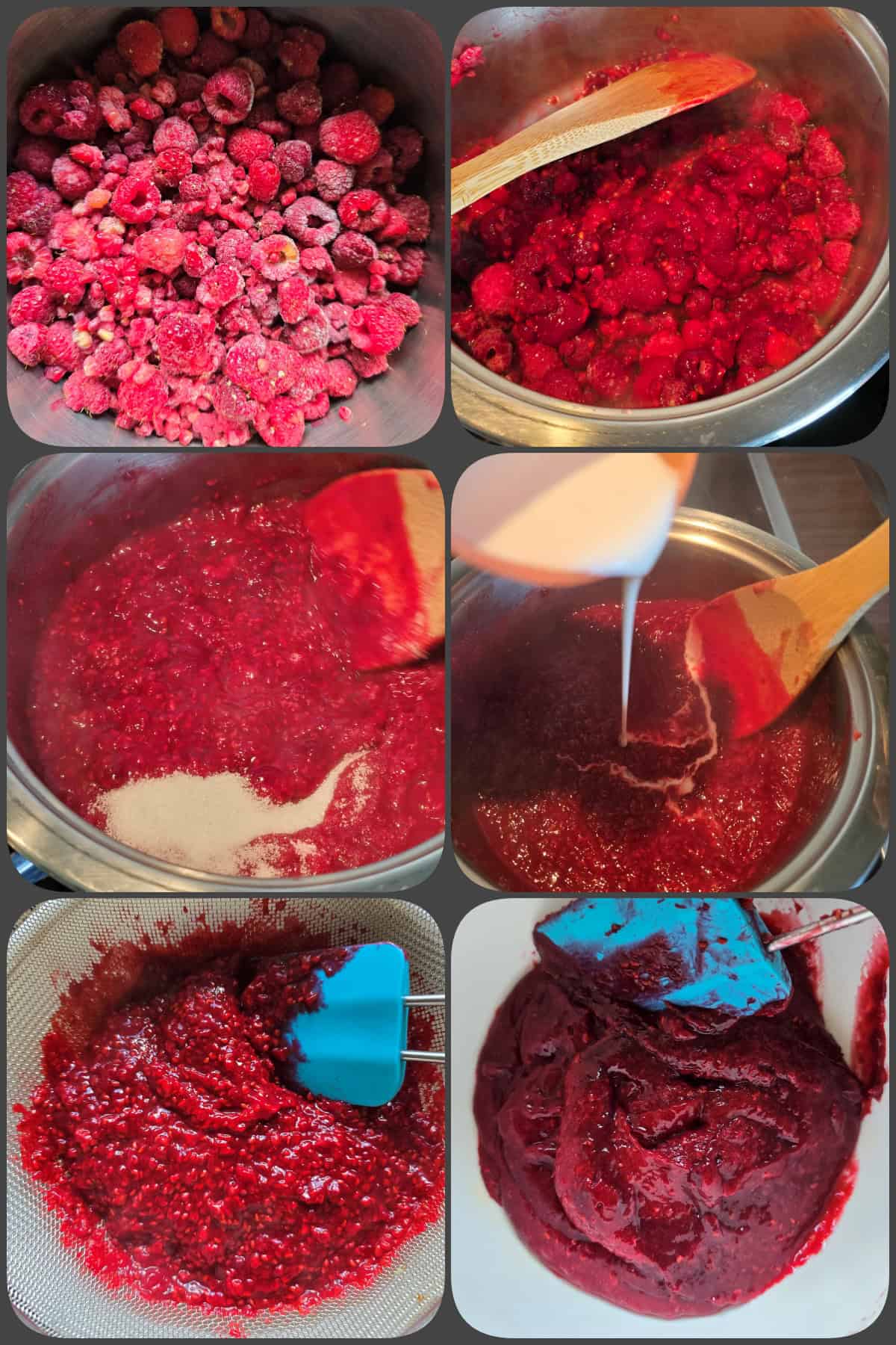 Zubereitungsschritte Käsekuchen mit Himbeerboden 2/4
Hier: Das Himbeerpüree für den Himbeerboden wird zubereitet