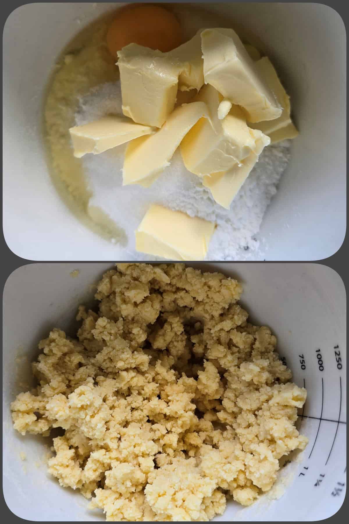 Zubereitungsschritte Käsekuchen mit Himbeerboden 1/4
Hier: Mürbeteig wird zubereitet