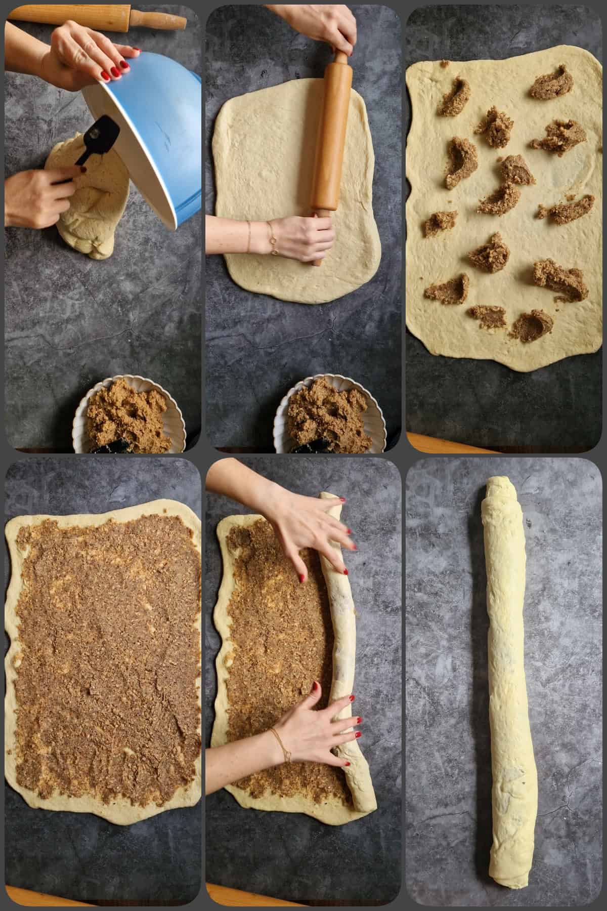 Zubereitungsschritte Hefekranz mit Nussfüllung 3/5 (Hier: Wie der Nusskranz gefüllt und aufgerollt wird.)
