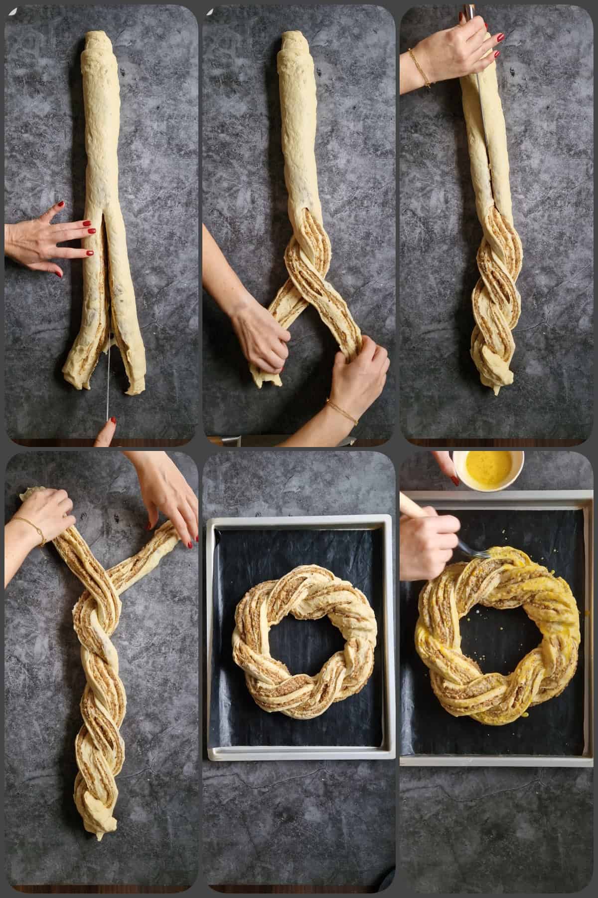 Zubereitungsschritte Hefekranz mit Nussfüllung 4/5 (Hier: Wie der Kranz geflochten wird.)