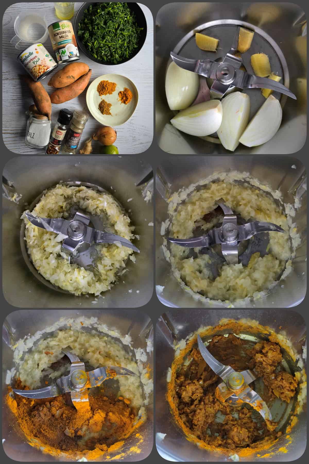 Zubereitungsschritte Veganes Süßkartoffel-Spinat-Curry mit Kichererbsen und Röstzwiebel-Topping aus dem Thermomix® 1/2