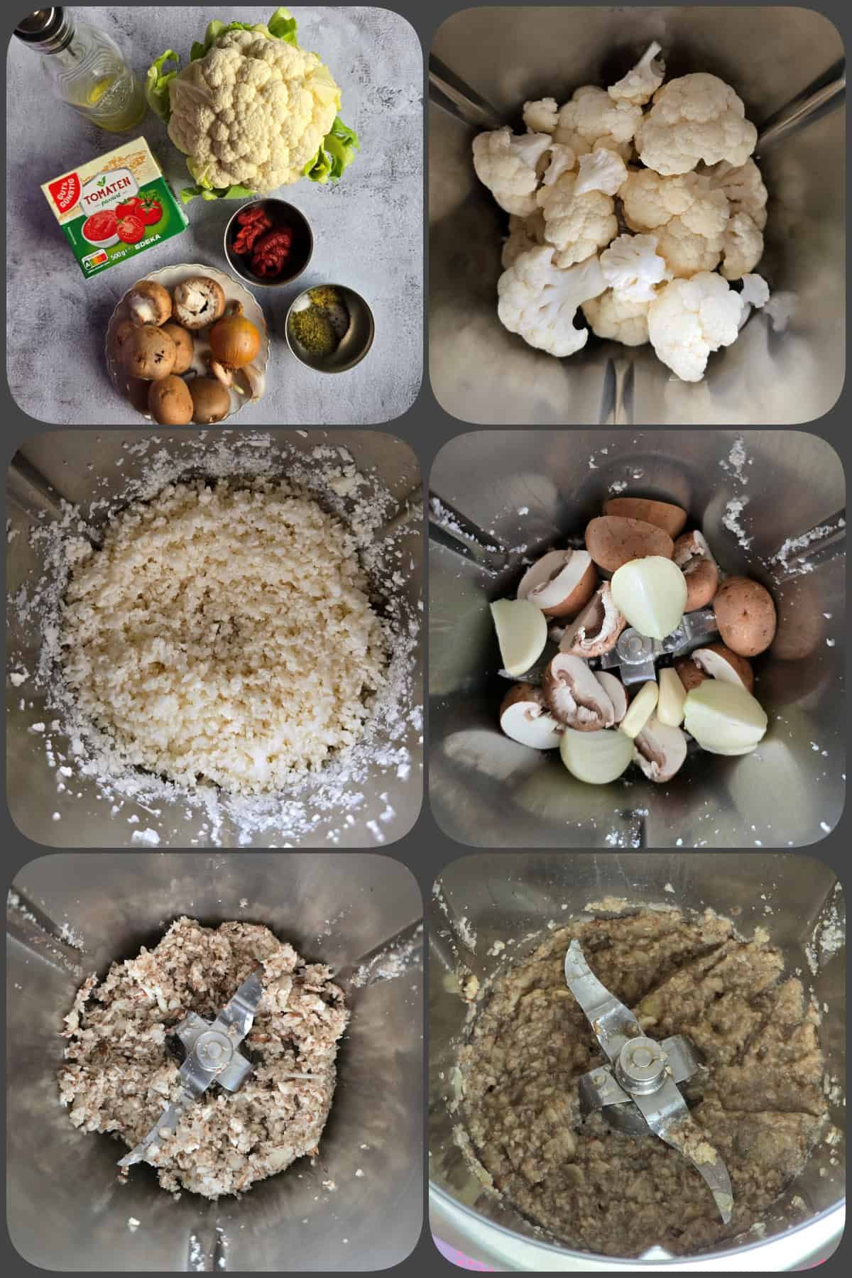 Eine Collage aus sechs Bildern zeigt die Zubereitungsschritte 1/2 für die Blumenkohl-Champignon-Bolognese im Thermomix®