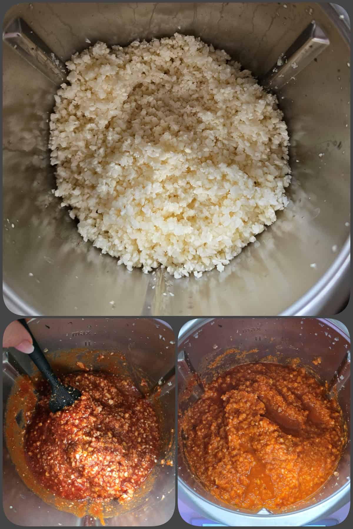 Eine Collage aus drei Bildern zeigt die Zubereitungsschritte 2/2 für die Blumenkohl-Champignon-Bolognese im Thermomix®