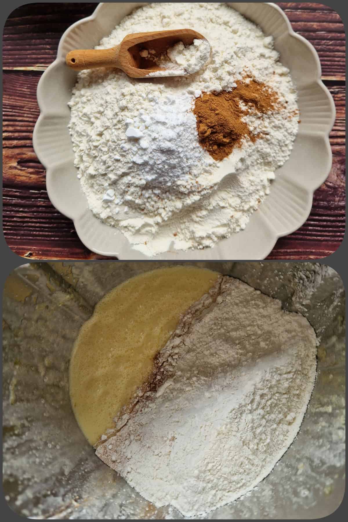 Trockene Zutaten für den Rührteig werden separat vermischt und dann auf die Schaummasse im Mixtopf gegeben.
