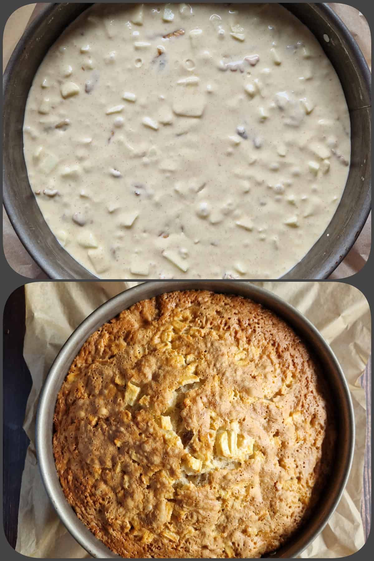 Rührteig aus dem TM (hier ein Apfel-Walnusskuchen) in die Springform füllen und backen.