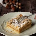 Ein üppiger, goldbrauner Apfelkuchen mit Haselnussstreuseln vom Blech aus dem Thermomix®.