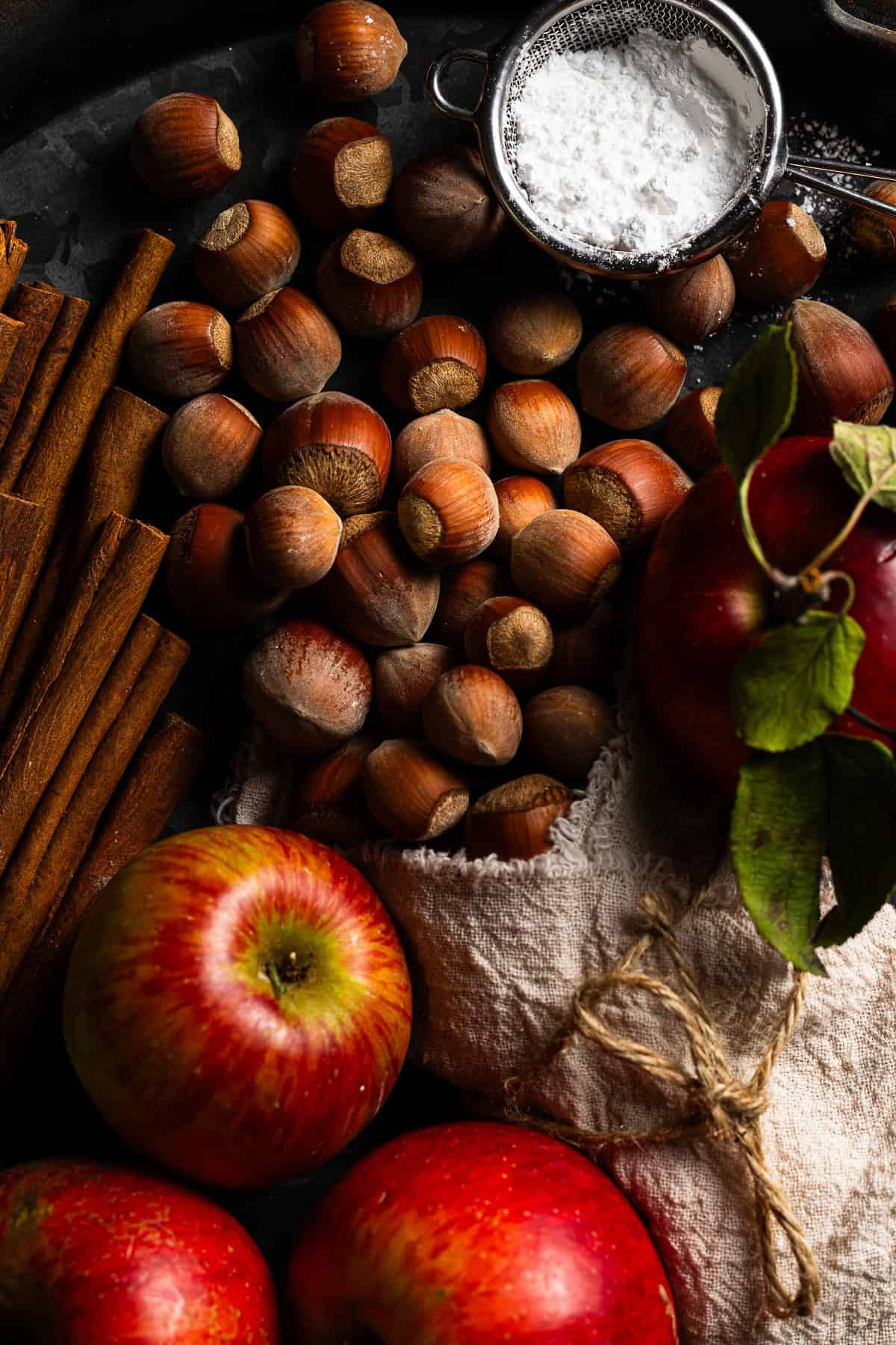 Stimmungsvolle, dunkle Food-Fotografie der rohen Zutaten für das Backen mit Äpfeln. Auf einem dunklen Untergrund liegen zahlreiche ganze Haselnüsse in der Schale, leuchtend rote, frische Äpfel mit Blättern, gebündelte Zimtstangen und ein kleines Sieb gefüllt mit feinem Puderzucker im rustikalen Dark-Moody-Look.