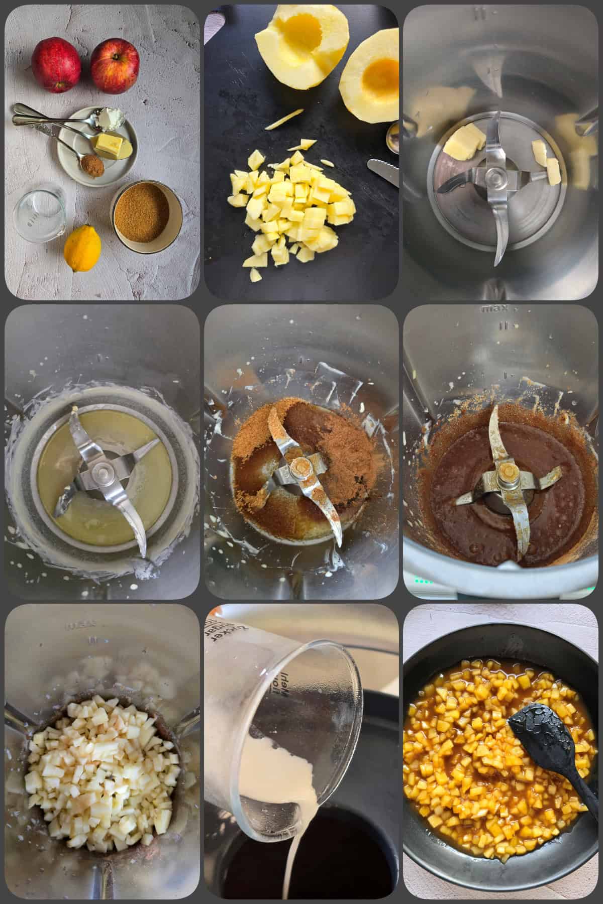 Schritt-für-Schritt-Zubereitung der Apfelfüllung für Apfel-Zimt-Cookies im Thermomix®: Zutaten abwiegen, Äpfel würfeln und mit Zimt, Zucker und Zitronensaft einkochen.