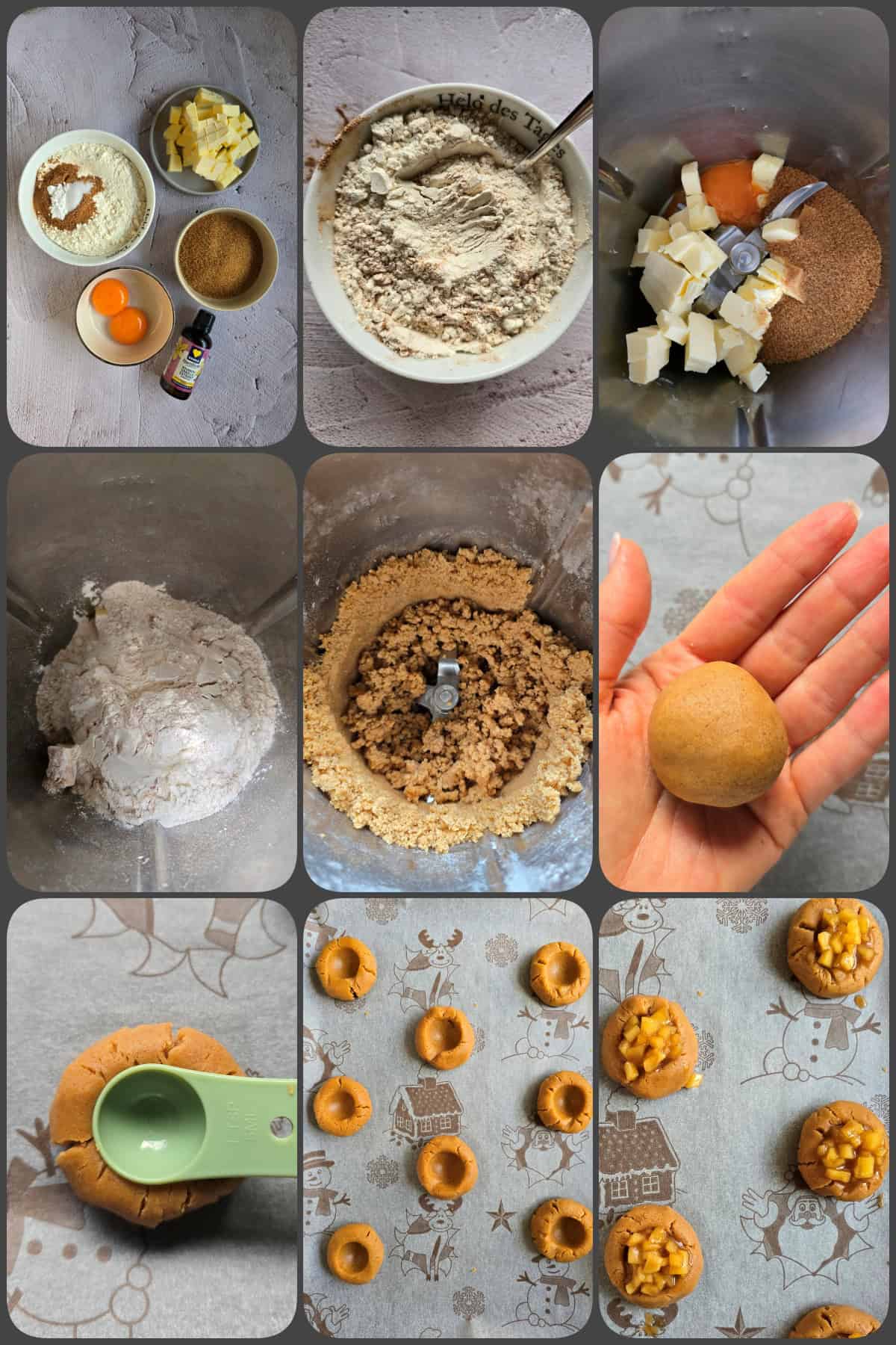 Zubereitung des Keksteigs für Apfel-Zimt-Cookies: Mürbeteig im Thermomix® kneten, Kugeln formen, Mulden einrücken und mit der Apfelfüllung belegen.