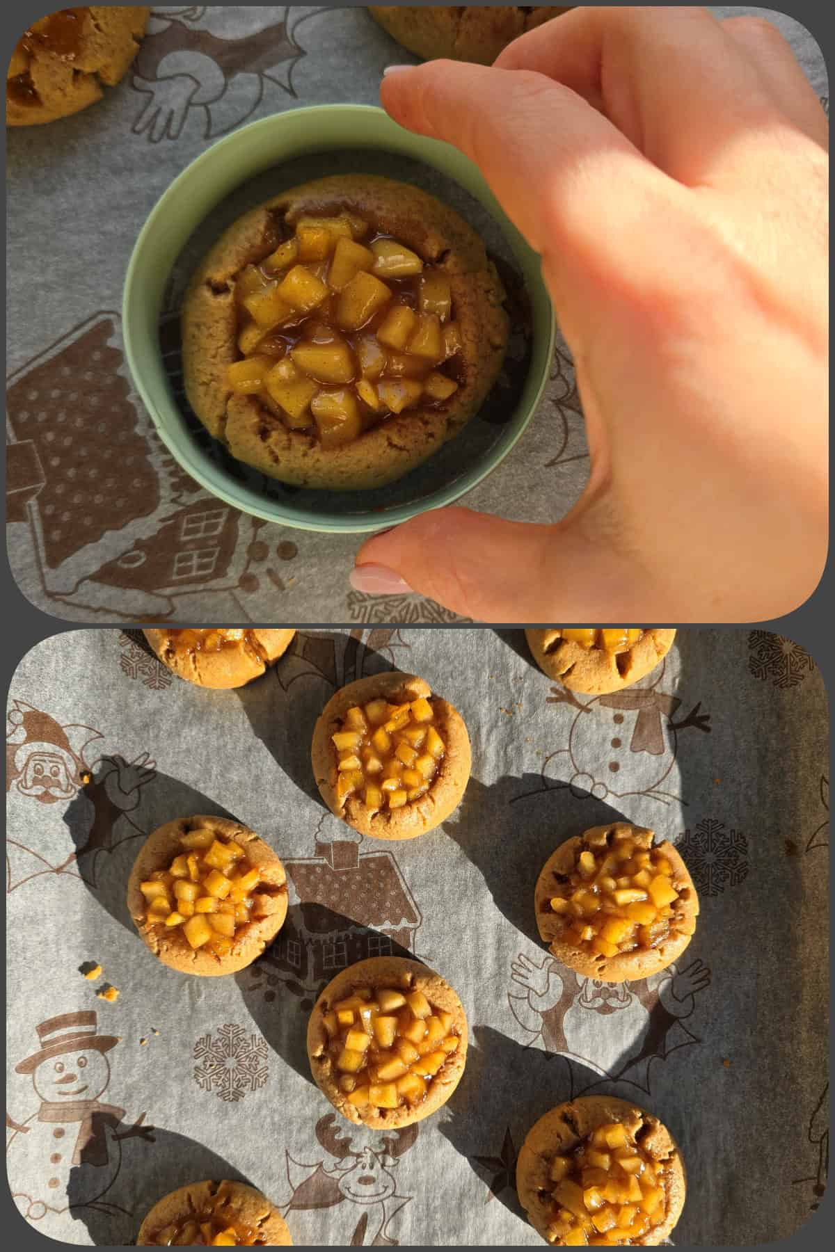 Frisch gebackene Apfel-Zimt-Cookies auf dem Backblech: Formtrick mit einem Ausstecher für perfekt runde Keksränder.